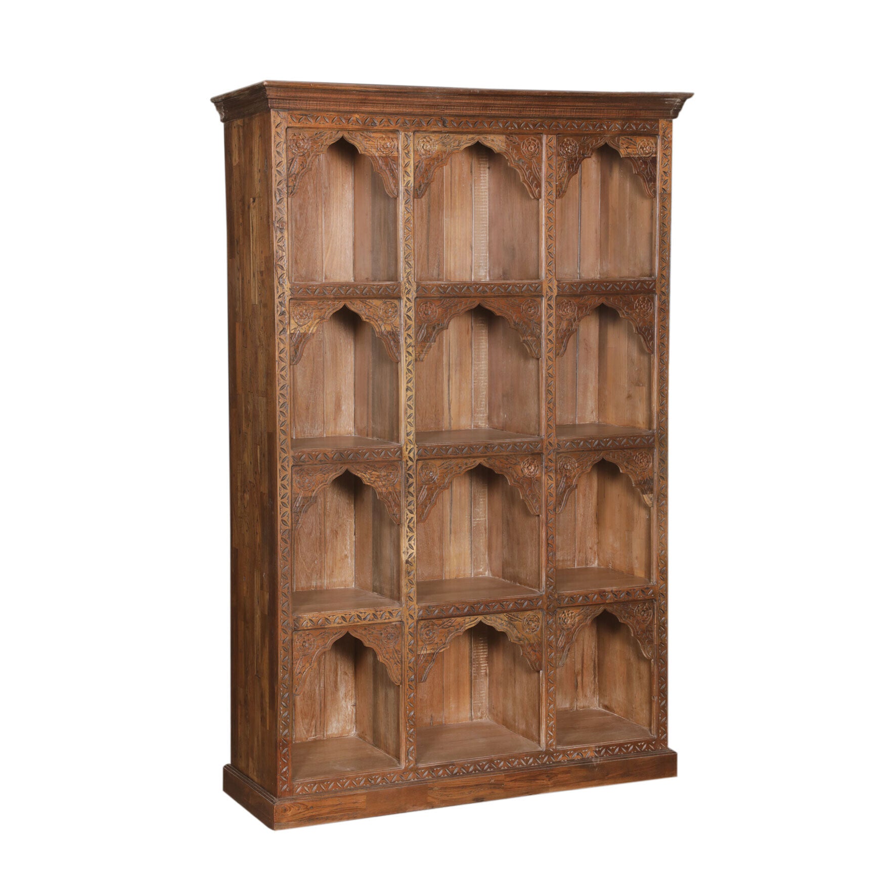 large hand‑carved mango wood jharokha bookcase, 12 arched niches, 224 × 154 × 42 cm.