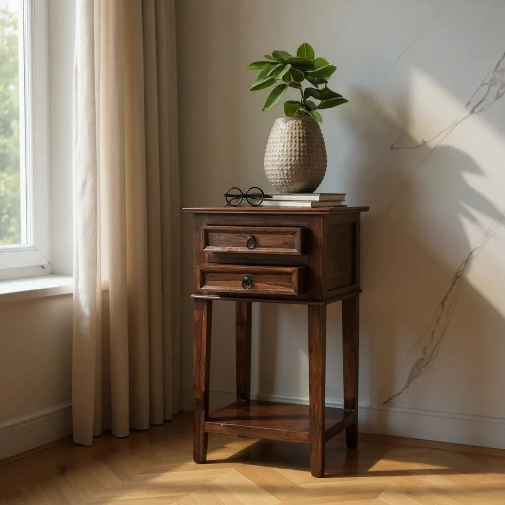 ContempoPeak Sheesham Wood Side Table – 16" Square, 30" High, Unique Contemporary Design by Living Furn India