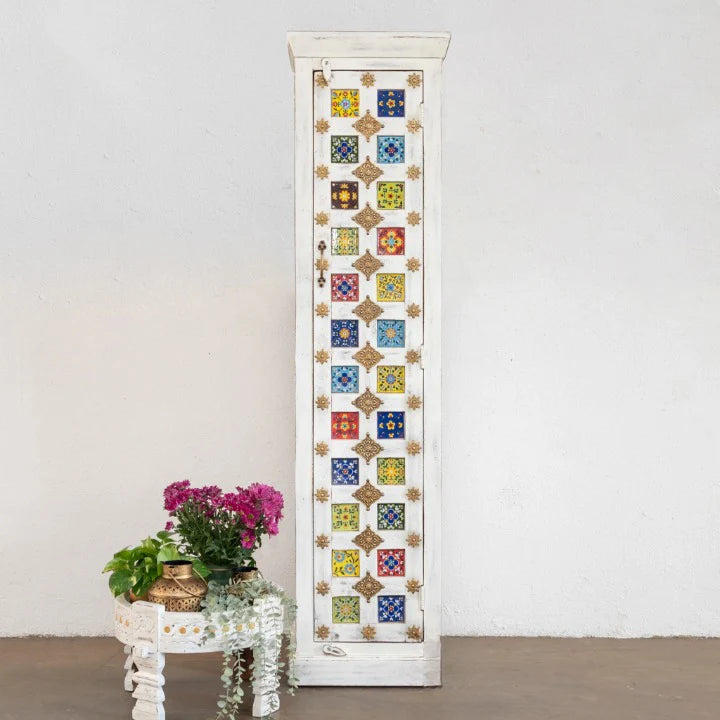 reclaimed door cabinet, old door cabinet, moroccan tile cabinet, tall cabinet, narrow cabinet, whitewashed cabinet, ceramic tile inlay, hand painted tiles, indian furniture, storage cabinet, bathroom cabinet, bedroom cabinet, entryway cabinet, hallway cabinet, linen cabinet, vintage cabinet, 1 door cabinet, slender cabinet, space saving cabinet, handmade cabinet, artisan made cabinet, reclaimed wood furniture, architectural salvage, premium wood cabinet, quality wood furniture, durable cabinet, sturdy cabin