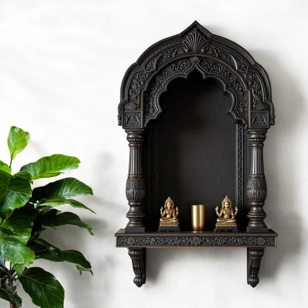 Hand-Carved Dark Wood Archway Wall Niche - Temple Style Pooja Shelf, Indian Heritage Decor