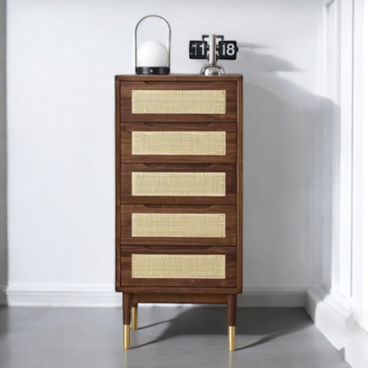 Cane & Solid Wood Long Chest of Drawers