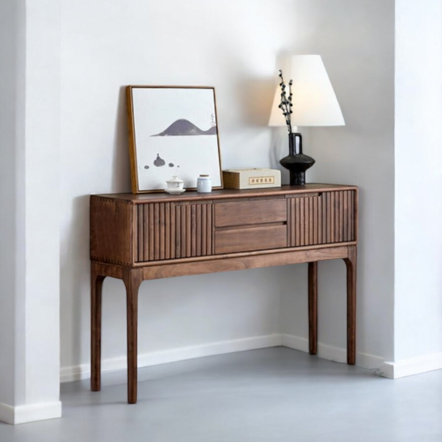"Space-saving and stylish entryway table with drawers for a clutter-free home"

