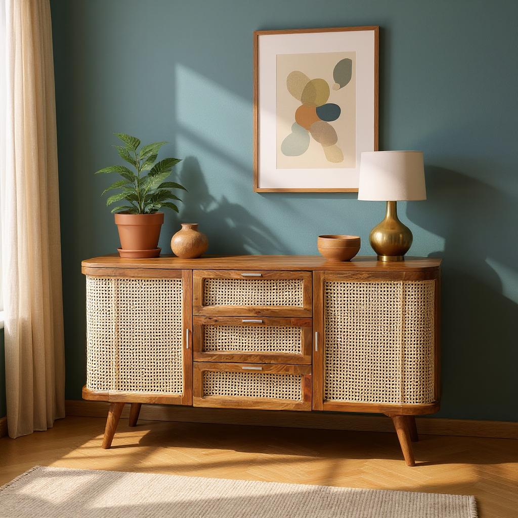 Artisan Crafted Rattan & Wood Sideboard with Drawers | Natural Finish Buffet Cabinet | Mid-Century Modern Console | Living Furn India