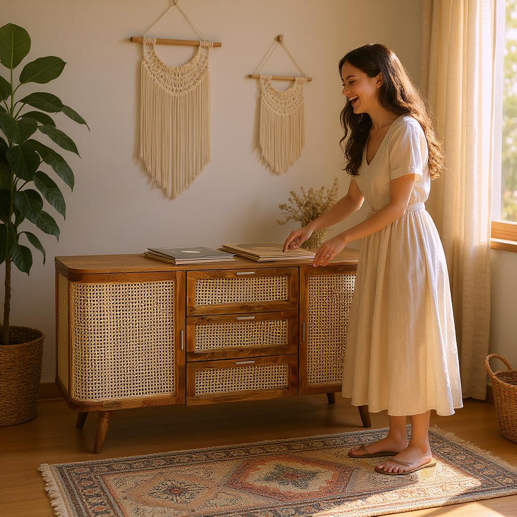 Artisan Crafted Rattan & Wood Sideboard with Drawers | Natural Finish Buffet Cabinet | Mid-Century Modern Console | Living Furn India