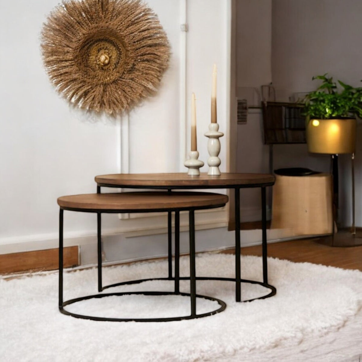 "Round cocktail table for entertaining in a contemporary living room."
