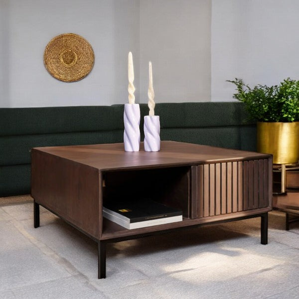 "Walnut wood coffee table with gold accents, modern design"
