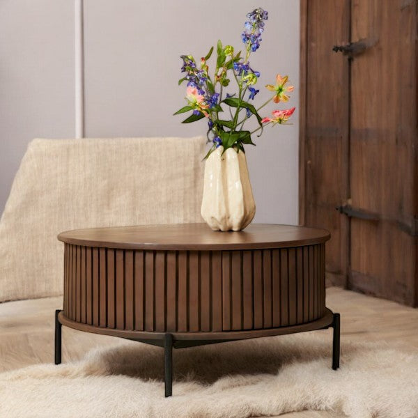 "Walnut wood coffee table with gold accents, featuring sleek design and rich wood grain."
