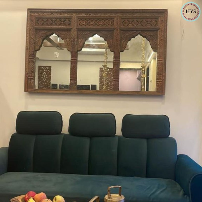 Majestic Triple Arch Wooden Antique Jharokha Mirror | Mango Wood Wall Decor