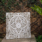 "Whitewashed mango wood square wall panel with hand-carved bohemian patterns"

