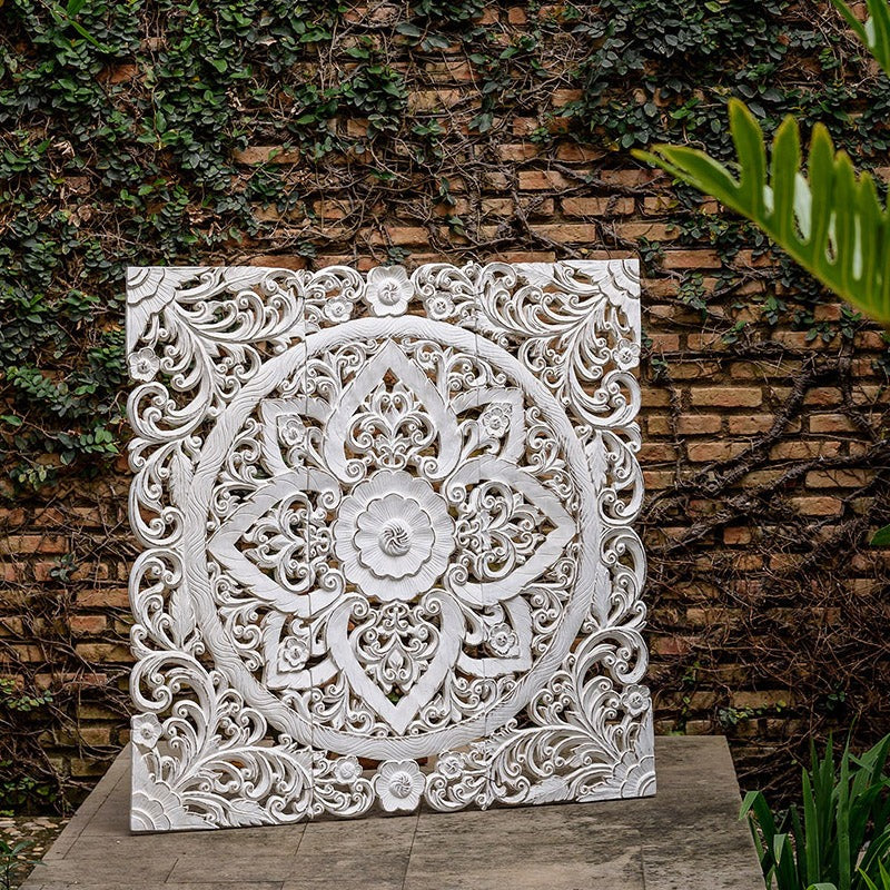 "Whitewashed mango wood square wall panel with hand-carved bohemian patterns"

