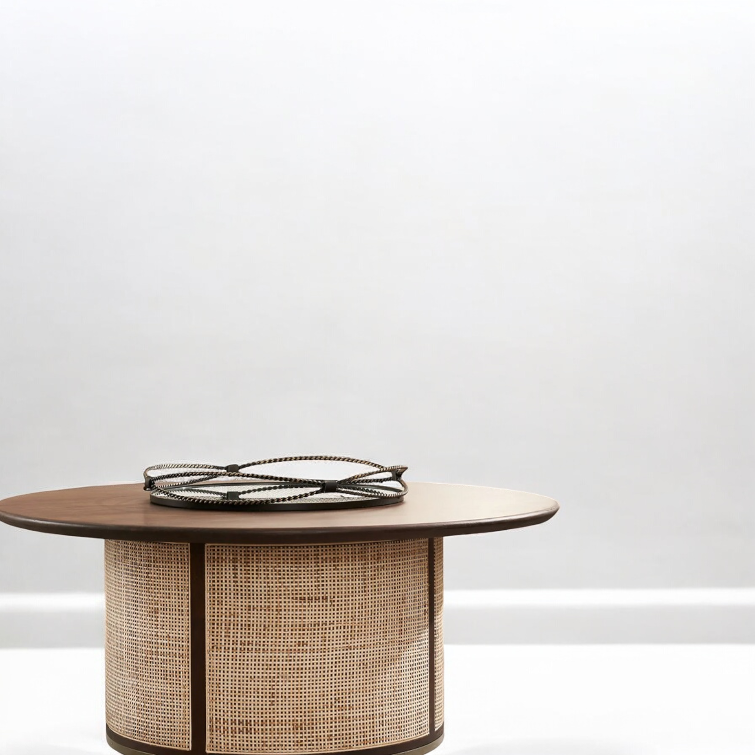 Round Rattan Coffee Table: "Elegant round rattan coffee table with natural texture, ideal for living room decor."
