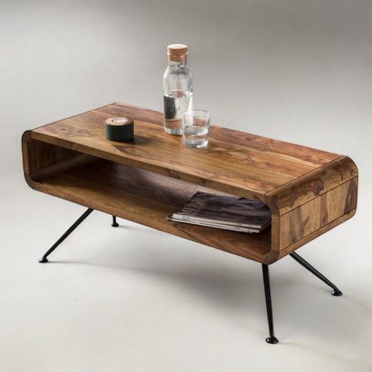 A luxurious walnut coffee table with a smooth finish, showcasing its rich wood grain and sturdy craftsmanship.
