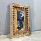 mango wood mirror, carved mirror, natural wood mirror, wall mirror, statement mirror, rustic mirror, architectural mirror, traditional mirror, handmade mirror, artisan mirror, premium mirror, quality mirror, durable mirror, elegant mirror, unique mirror, decorative mirror, focal piece mirror, handcrafted in india, sustainable mango wood, natural wood finish, honey wood, clear coating, hand carved frame, ball and spindle carving, scrolling foliage, basketweave pattern, brick pattern border, dimensional carvi