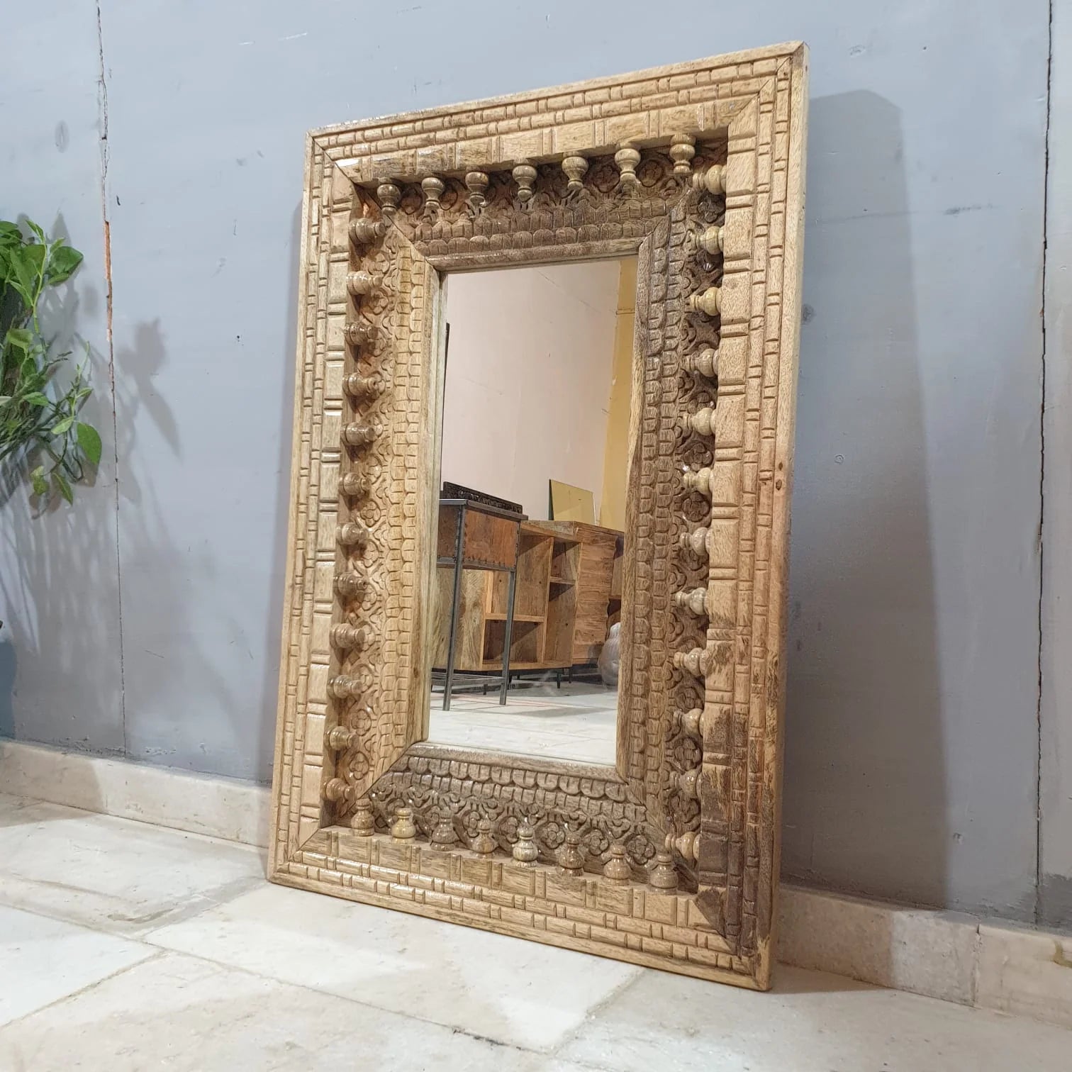 indian handcarved natural finish mirror frame
