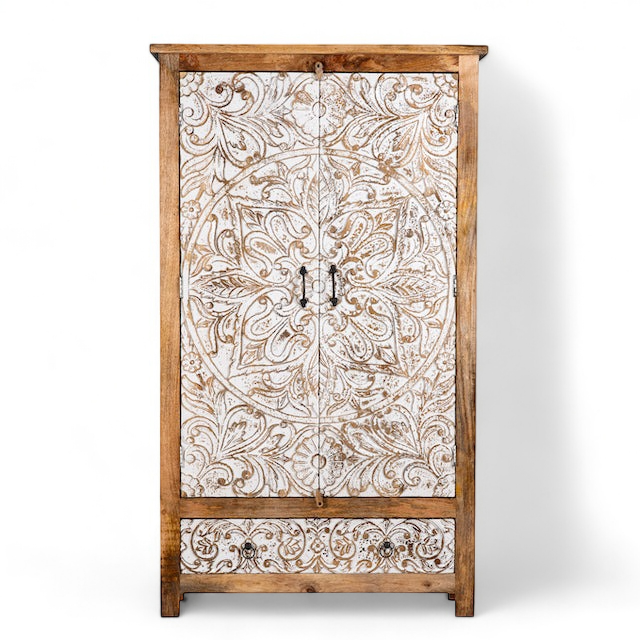 "Durable wooden wardrobe with spacious compartments and sleek finishes."
