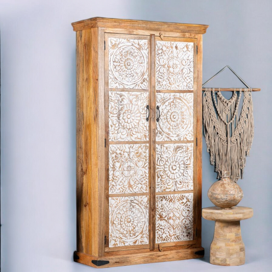 Natural & White Door Rustic Solid Wood Wardrobe