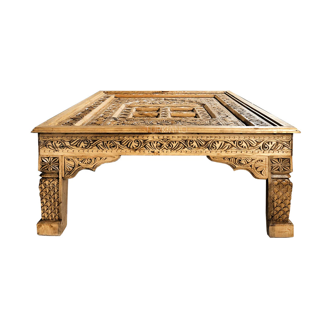 Mysafa Table Hand‑Carved Mango Wood Coffee Table — Antique Vintage Light Brown, Lay ...