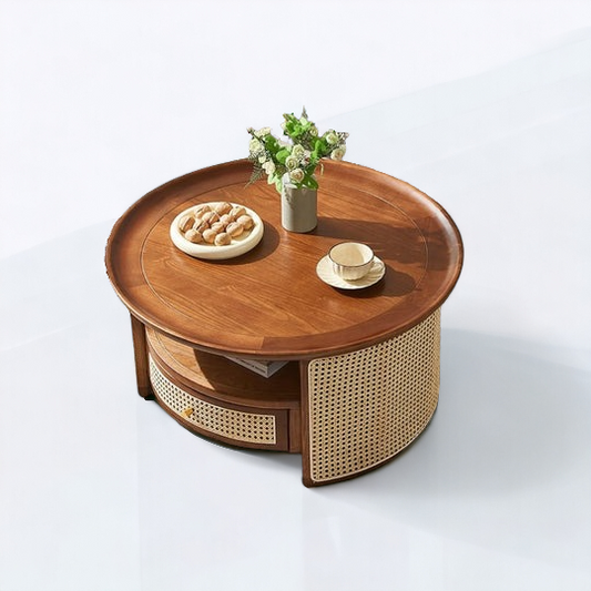 Rattan Coffee Table: "Eco-friendly rattan coffee table adding rustic charm to the living room."
