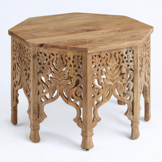 Solid wood coffee table with hand-carved details, round shape, and natural wood finish, ideal for modern, 