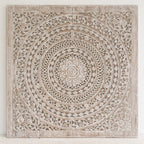 "Whitewashed carved mandala wood wall art panel 120x120 cm"

