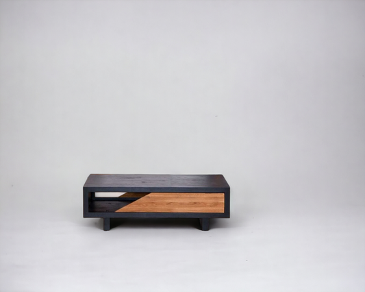 Dark Wood Coffee Table: "Elegant dark wood coffee table with a minimalist style, ideal for a stylish and cozy living room."

