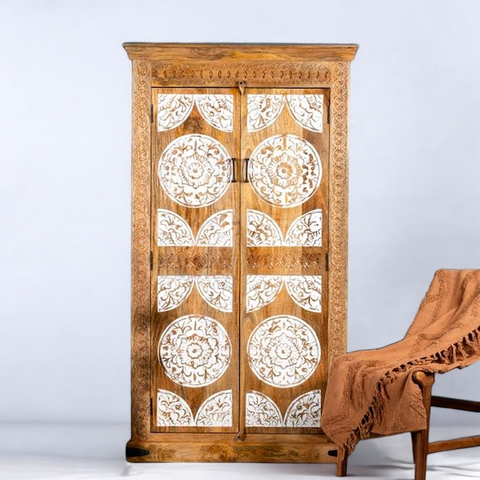 Natural & White Carved Wardrobe Solid Wood