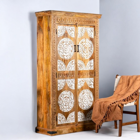 Natural & White Carved Wardrobe Solid Wood