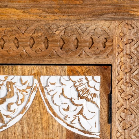 Natural & White Carved Wardrobe Solid Wood