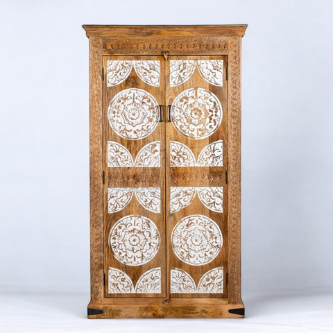 Natural & White Carved Wardrobe Solid Wood