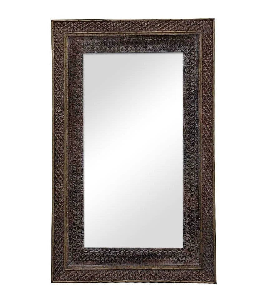 mango wood mirror, carved mirror, maharaja mirror, antique mirror, dark mirror, wall mirror, statement mirror, regal mirror, royal mirror, palace mirror, traditional mirror, handmade mirror, artisan mirror, premium mirror, quality mirror, durable mirror, elegant mirror, unique mirror, decorative mirror, focal piece mirror, handcrafted in india, sustainable mango wood, dark antique finish, bronze undertones, hand carved frame, maharaja style, layered borders, concentric borders, lattice pattern, diamond latt