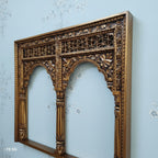 mango wood mirror, jharokha mirror, jaali mirror, carved mirror, twin arch mirror, indian mirror, rustic gold mirror, distressed gold, farmhouse mirror, wall mirror, architectural mirror, palace mirror, scalloped arch, floral carving, spandrels, turned pilasters, rope border, lattice frieze, antique style, vintage inspired, artisan made, handcrafted in india, solid wood frame, statement mirror, entryway mirror, living room mirror, buffet mirror, console mirror, hallway mirror, global eclectic, boho decor, w