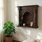 Antique Ornate Hand-Carved Wall Mounted Wood Shelf - Dark Wood Archway Niche