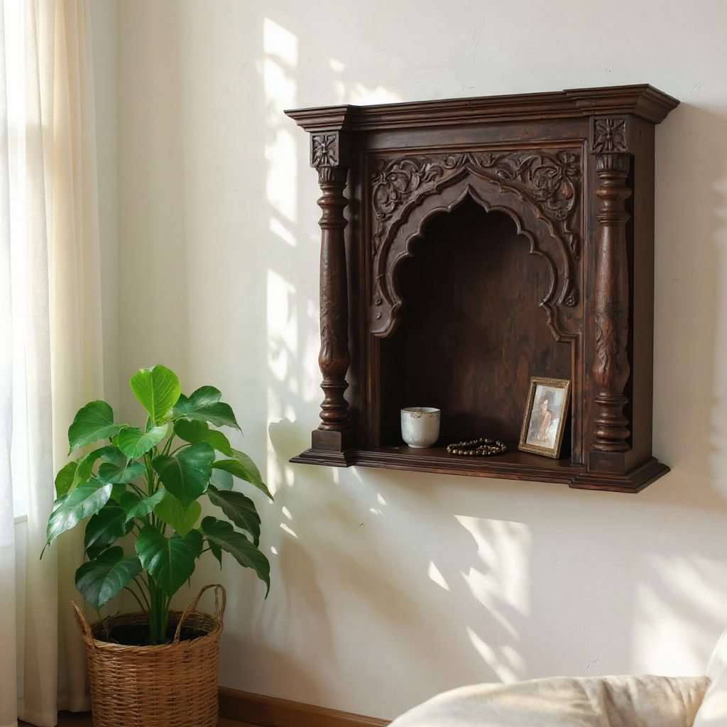 Antique Ornate Hand-Carved Wall Mounted Wood Shelf - Dark Wood Archway Niche