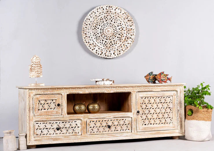 hand carved tv unit, solid mango wood tv stand, distressed white tv unit, carved media console, lattice carved tv stand, 5 drawer tv unit, 2 door media console, living room tv stand, entertainment center, tv cabinet, carved wood furniture, coastal tv unit, shabby chic tv stand, farmhouse media console, statement tv unit, large tv stand, storage tv unit, handmade tv console, indian carved furniture, artisan made tv unit, premium wood furniture, quality wood tv stand, durable tv unit, sturdy media console, ti