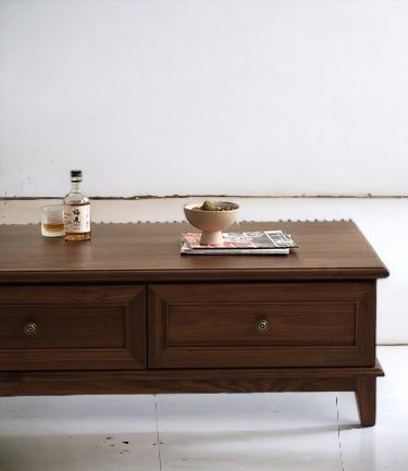 Walnut Coffee Table: "Sleek walnut coffee table with deep, rich tones, ideal for both traditional and contemporary decor."
