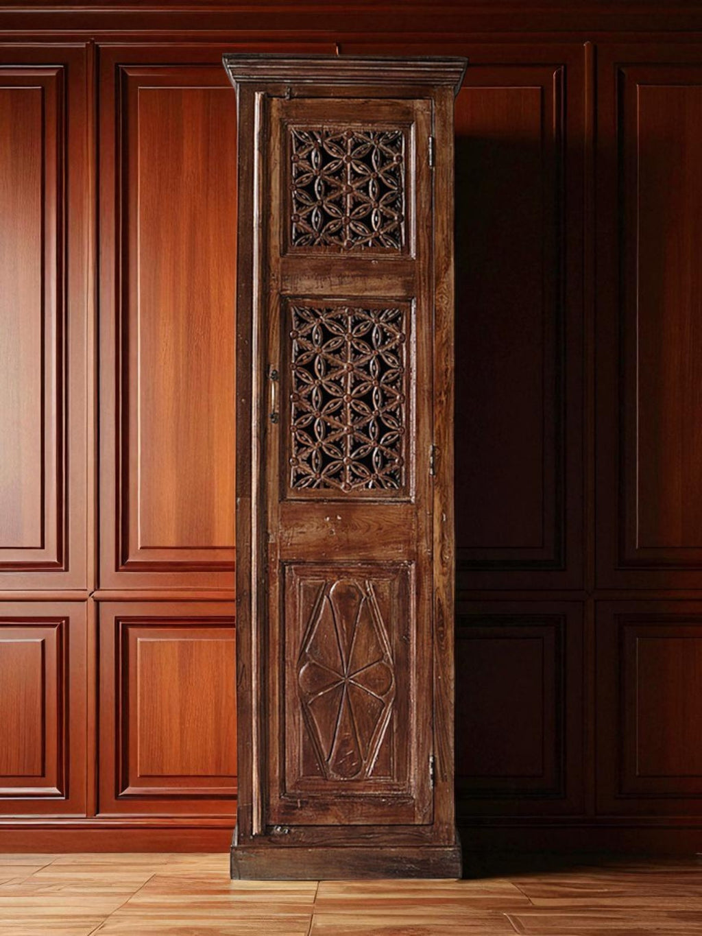 Indian Handcarved Single Door Tall Cabinet With Shelves