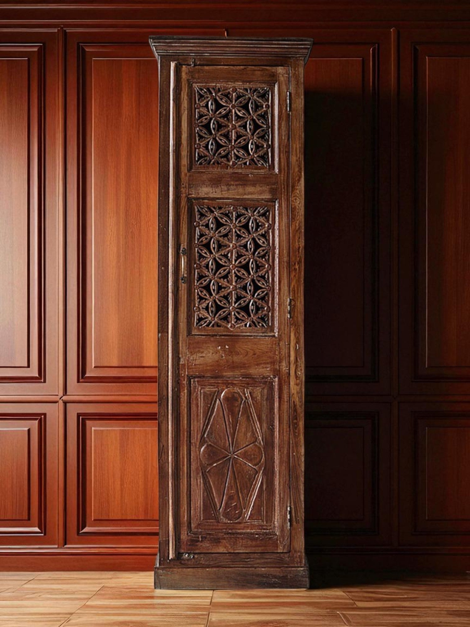 Indian Handcarved Single Door Tall Cabinet With Shelves