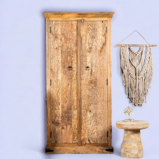 Rustic Honey Handcarved Wooden Wardrobe