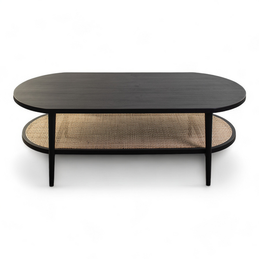 Collection of stylish coffee tables including black oval coffee table, round rattan coffee table, 