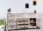 hand carved sideboard, solid mango wood sideboard, white distressed sideboard, jharokha sideboard, carved wood buffet, 6 drawer sideboard, 2 door sideboard, 