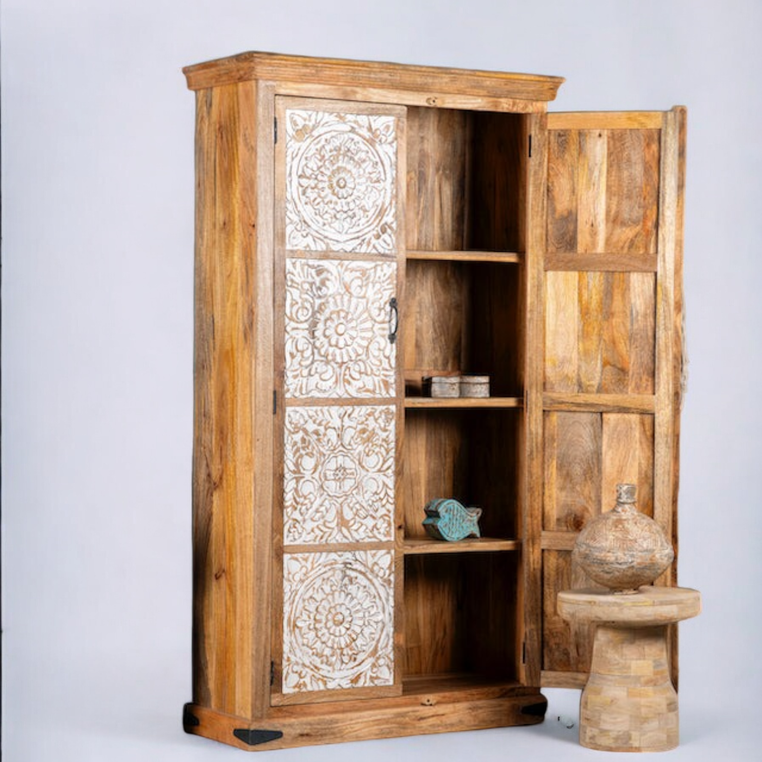 Natural & White Door Rustic Solid Wood Wardrobe