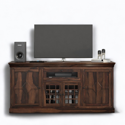 "Sleek modern TV stand with real wood design, featuring a spacious storage TV cabinet and elegant glass shelves for a contemporary living room."

