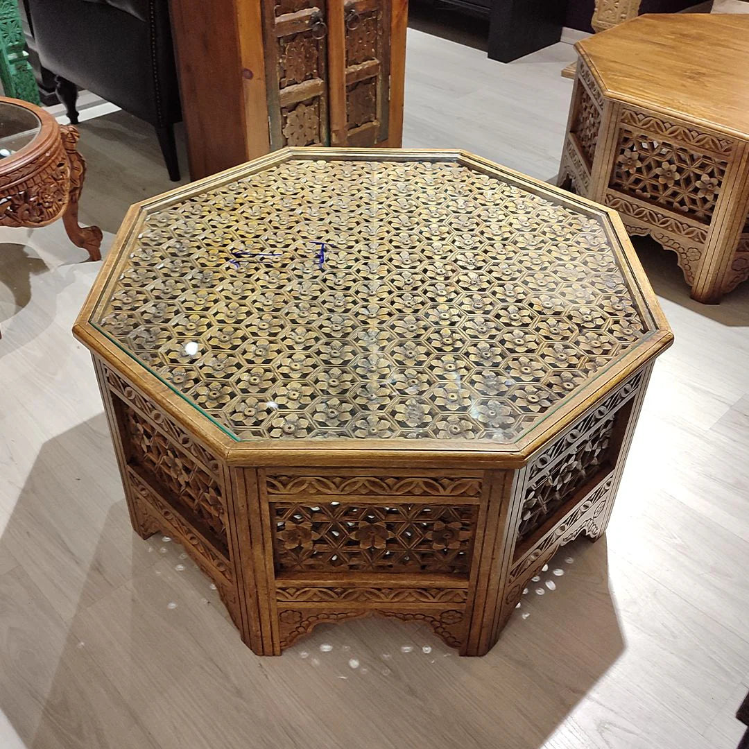 hand carved coffee table, jali coffee table, mango wood coffee table, octagonal coffee table, lattice coffee table, carved wood table, indian furniture, living room table, statement coffee table, handmade coffee table, artisan made table, premium wood table, quality furniture, durable table, sturdy table, timeless table, elegant table, ornate table, unique table, sculptural table, focal piece table, handcrafted in india, sustainable mango wood, whitewash finish, light walnut finish, jali lattice, star latti