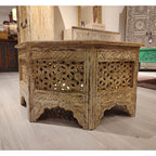 hand carved coffee table, jali coffee table, mango wood coffee table, octagonal coffee table, lattice coffee table, carved wood table, indian furniture, living room table, statement coffee table, handmade coffee table, artisan made table, premium wood table, quality furniture, durable table, sturdy table, timeless table, elegant table, ornate table, unique table, sculptural table, focal piece table, handcrafted in india, sustainable mango wood, whitewash finish, light walnut finish, jali lattice, star latti