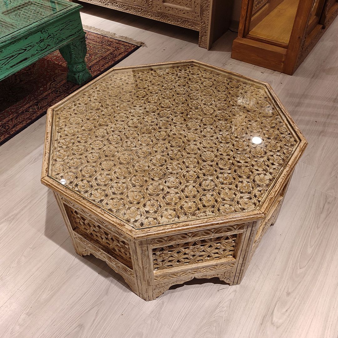 hand carved coffee table, jali coffee table, mango wood coffee table, octagonal coffee table, lattice coffee table, carved wood table, indian furniture, living room table, statement coffee table, handmade coffee table, artisan made table, premium wood table, quality furniture, durable table, sturdy table, timeless table, elegant table, ornate table, unique table, sculptural table, focal piece table, handcrafted in india, sustainable mango wood, whitewash finish, light walnut finish, jali lattice, star latti