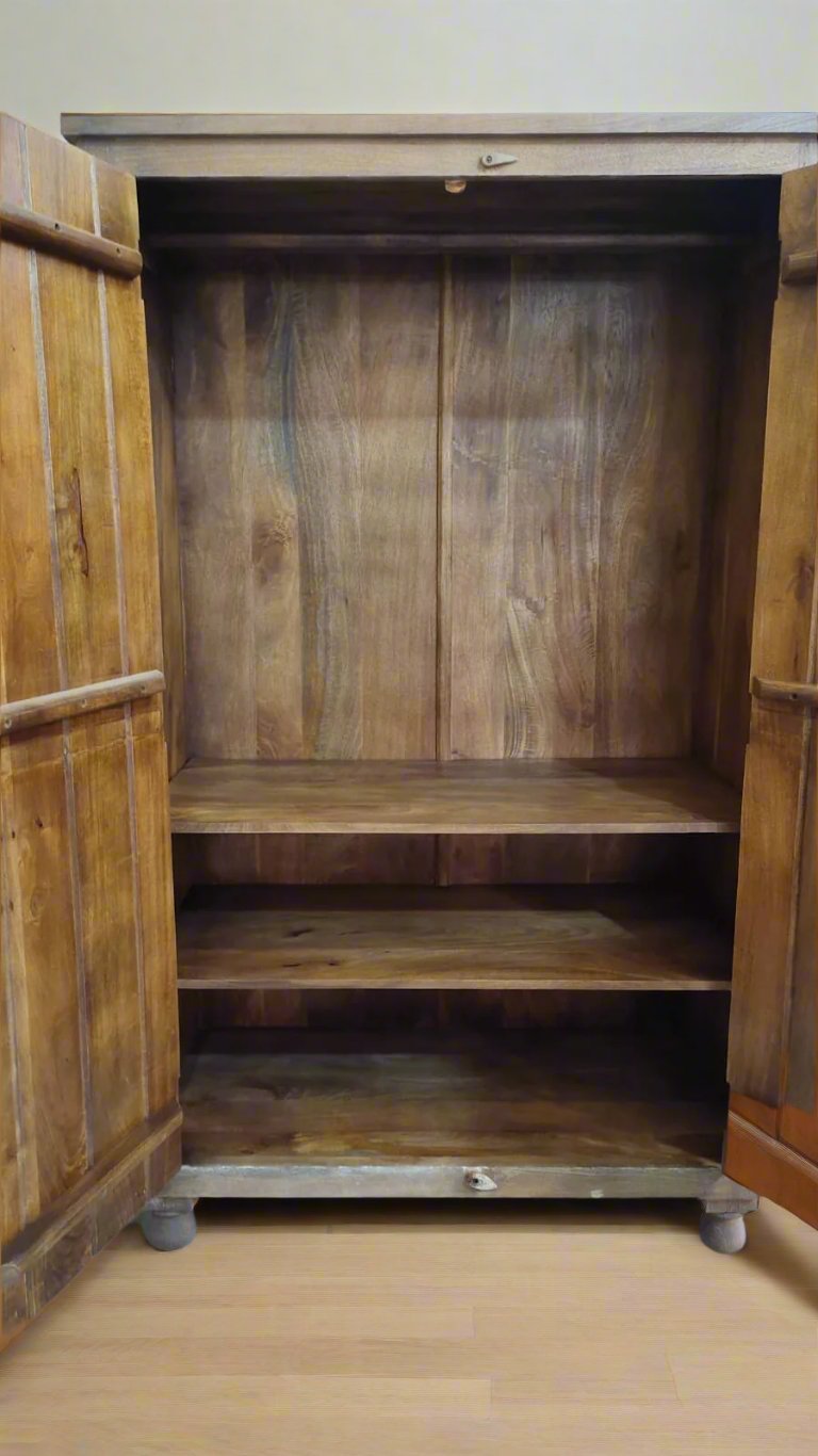 Hand-Carved Mango Wood Wardrobe – Natural Polished Finish with Floral Detailing