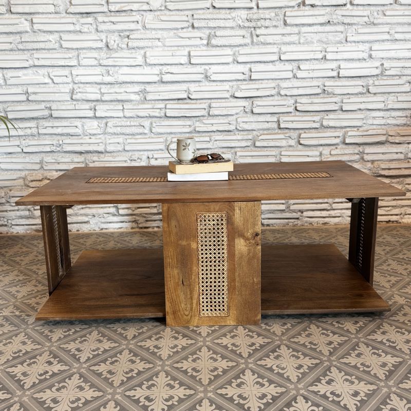 Handeplus Table Mango Wood Cane Coffee Table — Rectangular with Natural Rattan Panels ...