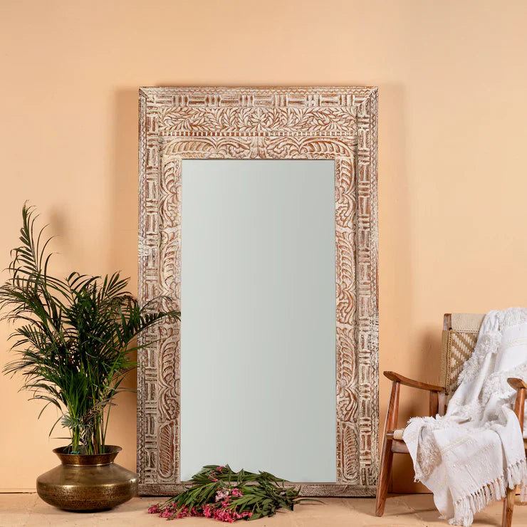 hand carved mirror, mango wood mirror, distressed white mirror, whitewash mirror, large mirror, oversized mirror, full length mirror, wall mirror, entryway mirror, dressing mirror, decorative mirror, indian furniture, handmade mirror, artisan made mirror, premium wood mirror, quality mirror, durable mirror, sturdy mirror, timeless mirror, elegant mirror, statement mirror, ornate mirror, unique mirror, sculptural mirror, focal piece mirror, handcrafted in india, sustainable wood furniture, leaf scroll carvin