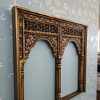 mango wood mirror, jharokha mirror, jaali mirror, carved mirror, twin arch mirror, indian mirror, rustic gold mirror, distressed gold, farmhouse mirror, wall mirror, architectural mirror, palace mirror, scalloped arch, floral carving, spandrels, turned pilasters, rope border, lattice frieze, antique style, vintage inspired, artisan made, handcrafted in india, solid wood frame, statement mirror, entryway mirror, living room mirror, buffet mirror, console mirror, hallway mirror, global eclectic, boho decor, w