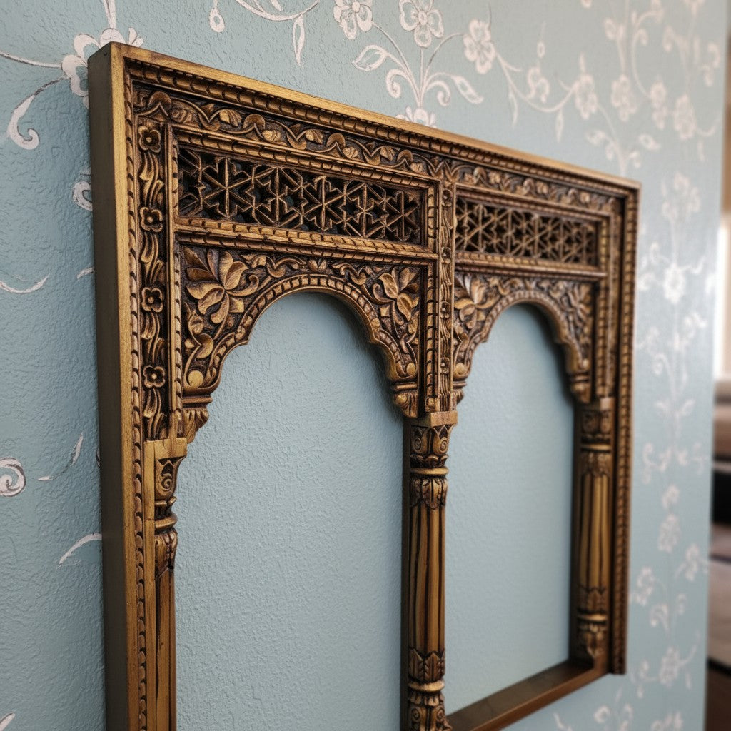 mango wood mirror, jharokha mirror, jaali mirror, carved mirror, twin arch mirror, indian mirror, rustic gold mirror, distressed gold, farmhouse mirror, wall mirror, architectural mirror, palace mirror, scalloped arch, floral carving, spandrels, turned pilasters, rope border, lattice frieze, antique style, vintage inspired, artisan made, handcrafted in india, solid wood frame, statement mirror, entryway mirror, living room mirror, buffet mirror, console mirror, hallway mirror, global eclectic, boho decor, w